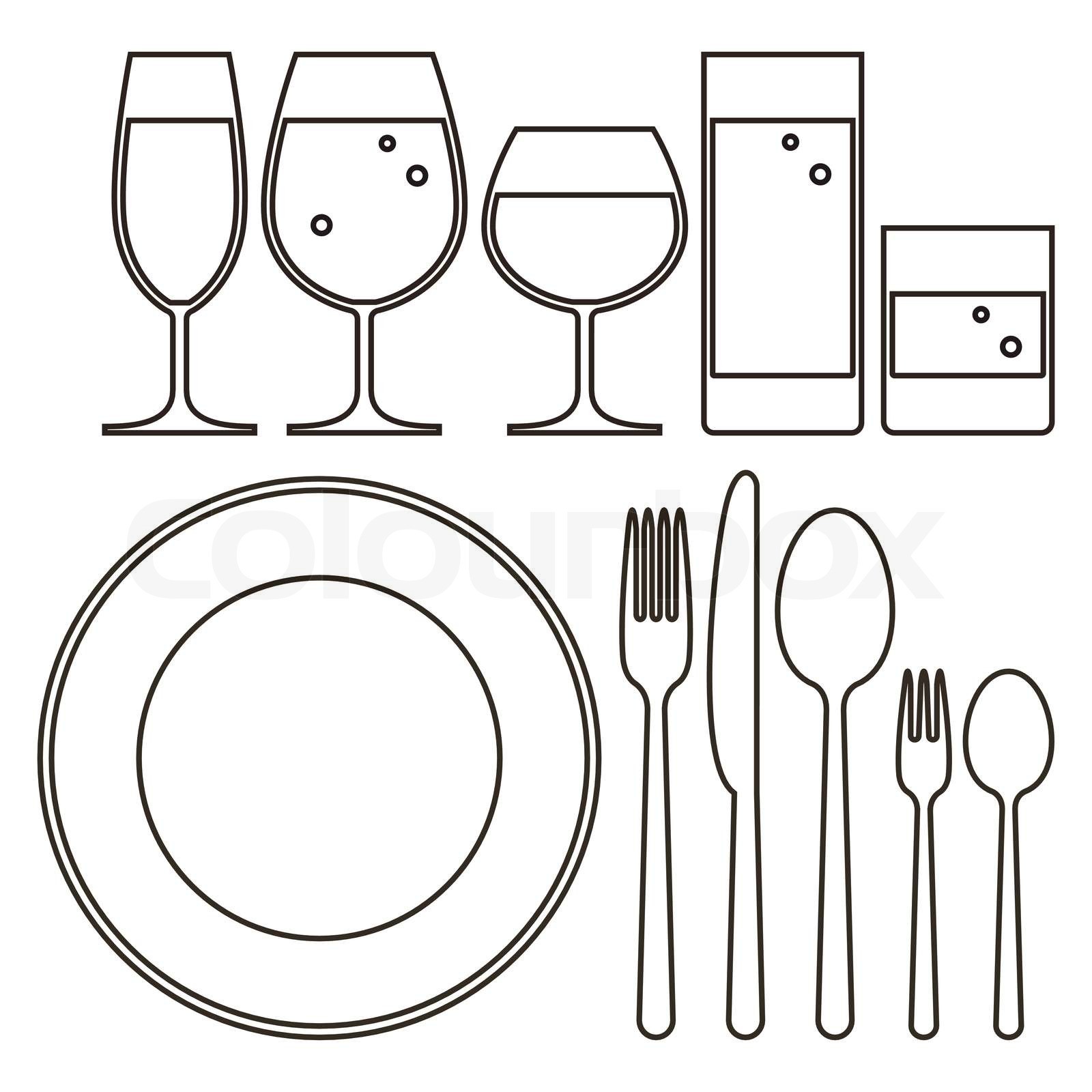 Plate knife fork spoon and drinking glasses stock vector