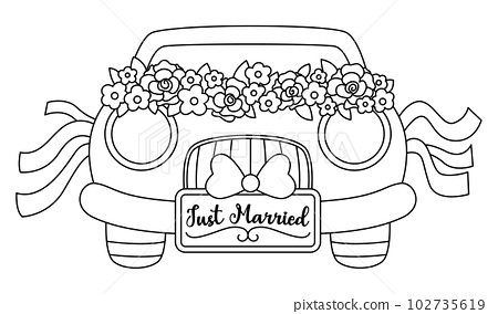 Vector black and white wedding car decorated