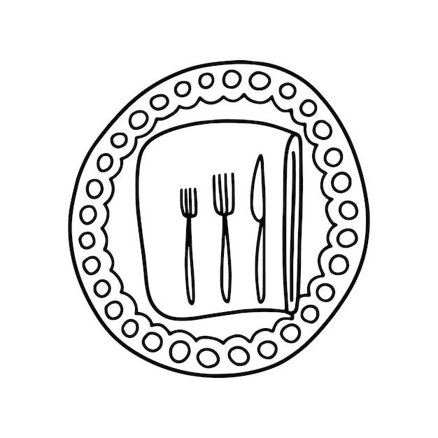 Premium vector vector doodle table serving hand drawn illustration vector crockery with plate and cutlery coloring page