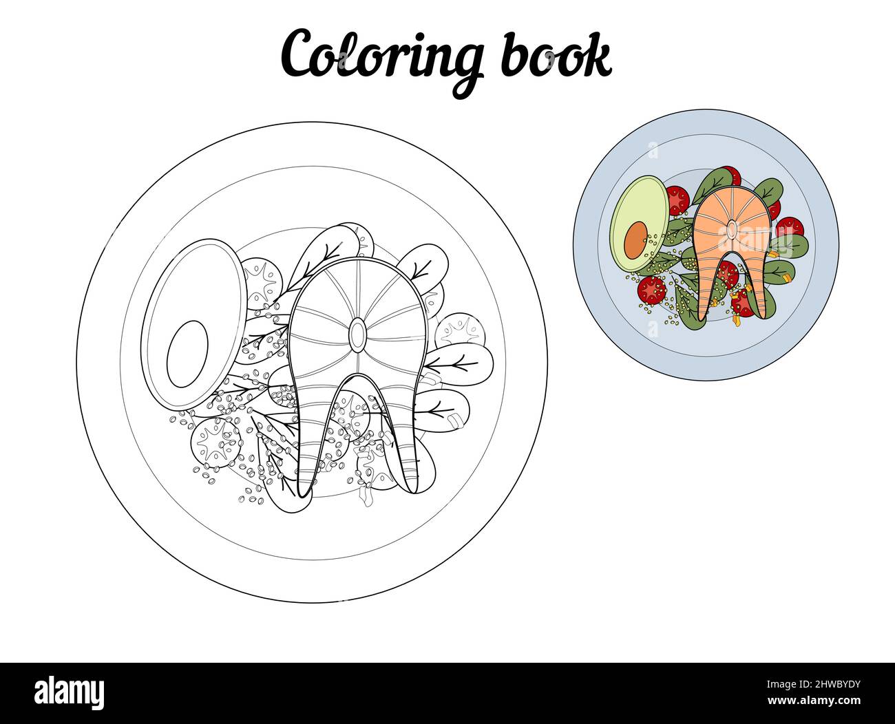 Coloring book with a sample for painting print page plate with food fish and avocado with tomatoes healthy dinner vector illustration for app or stock vector image art