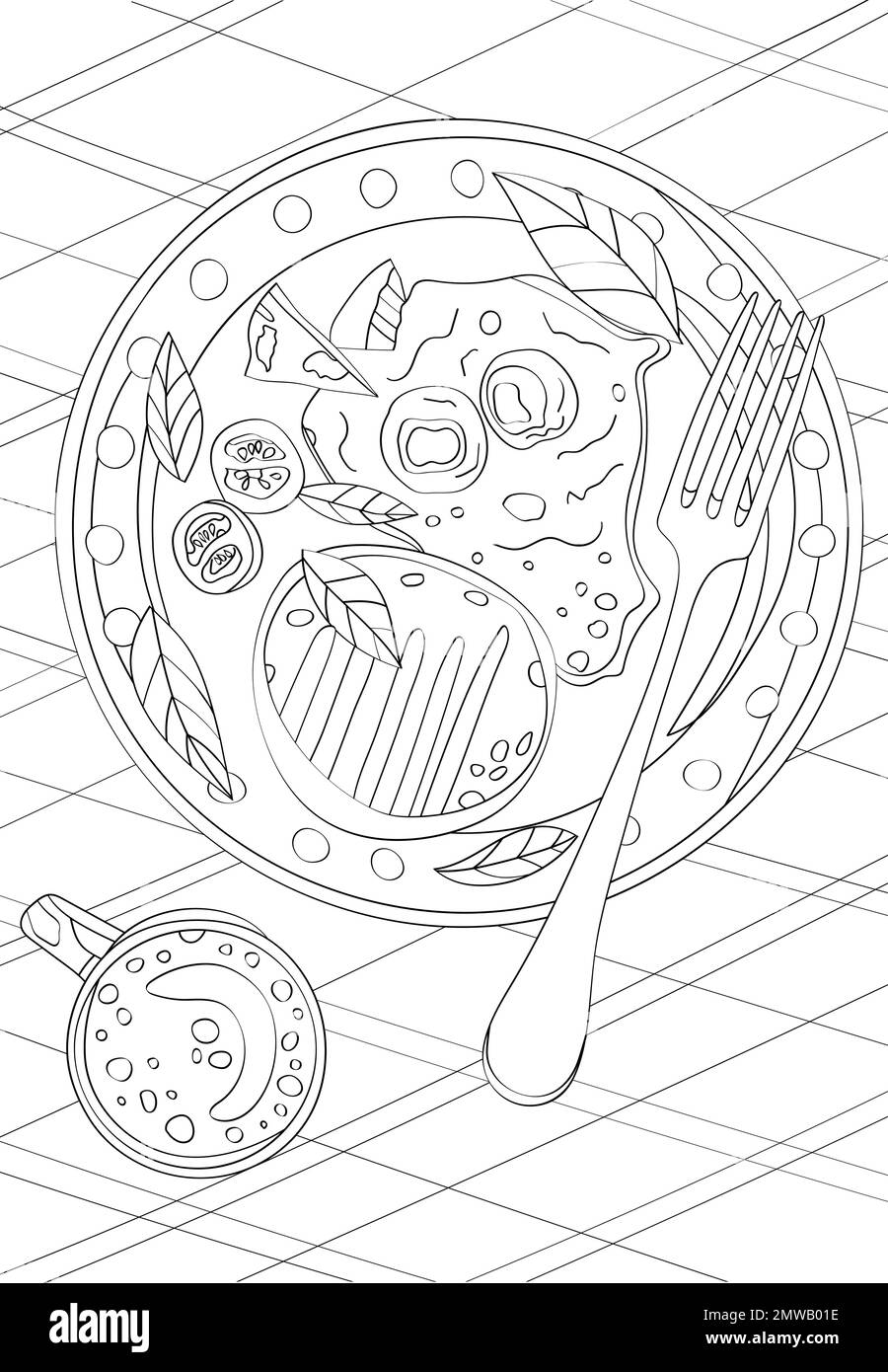 A plate of food and a cup vector antistress coloring book stock vector image art