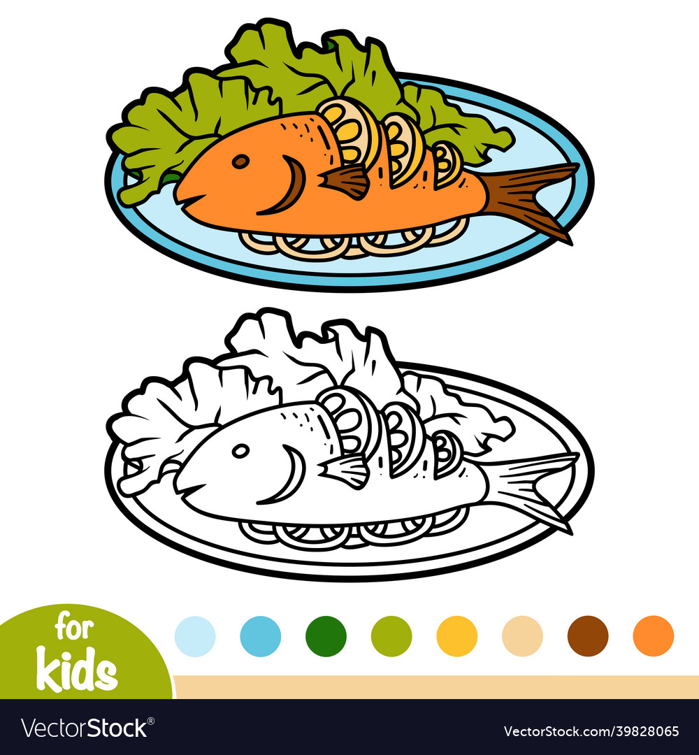 Coloring book grilled fish on plate royalty free vector