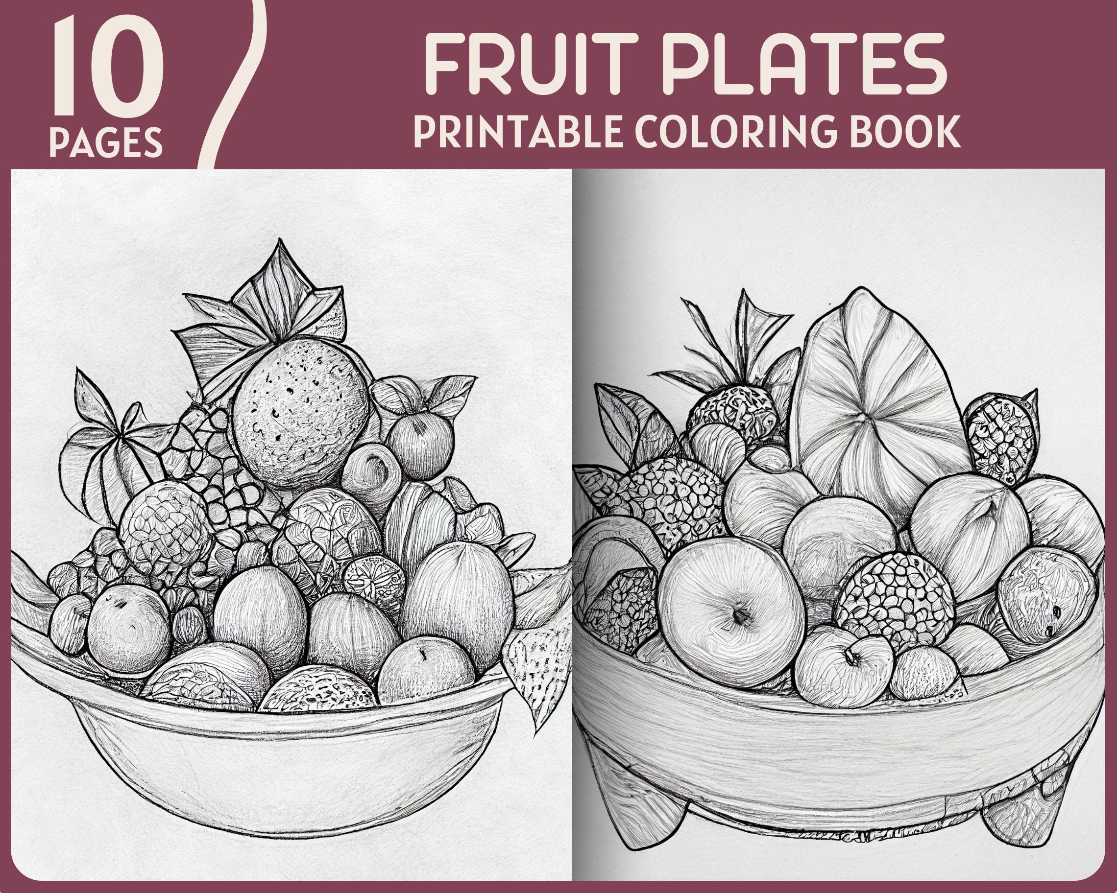 Fruit plates coloring pages grayscale fruits coloring book printable fruit plate coloring page various fruits illustrations