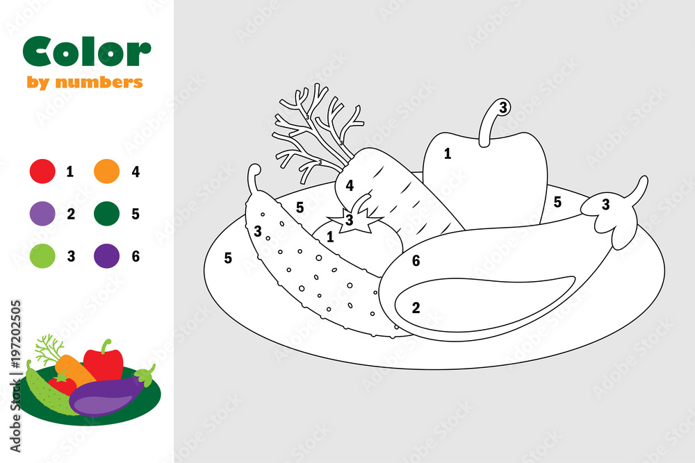 Different vegetables on plate in cartoon style color by number education paper game for the development of children coloring page kids preschool activity printable worksheet vector illustration vector