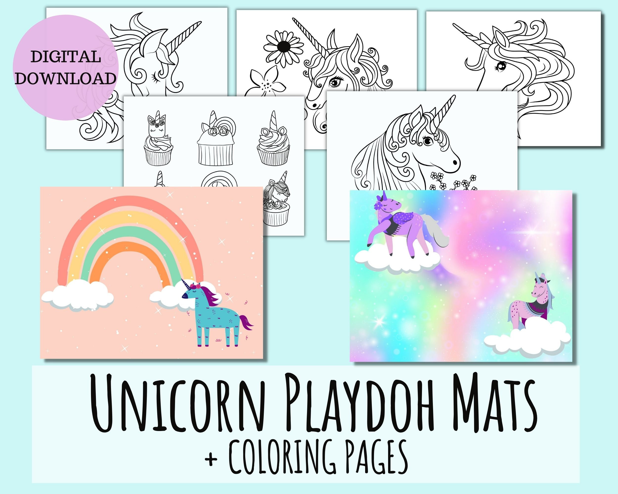 Unicorn themed playdoh mats playdough birthday party preschool kids activity coloring sheets sensory play montessori toy easy printable girl