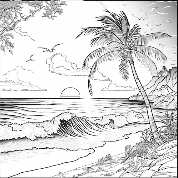 Escena de playa para colorear paquete pãginas de descarga digital png playa puesta de sol velero pãginas para colorear en blanco y negro