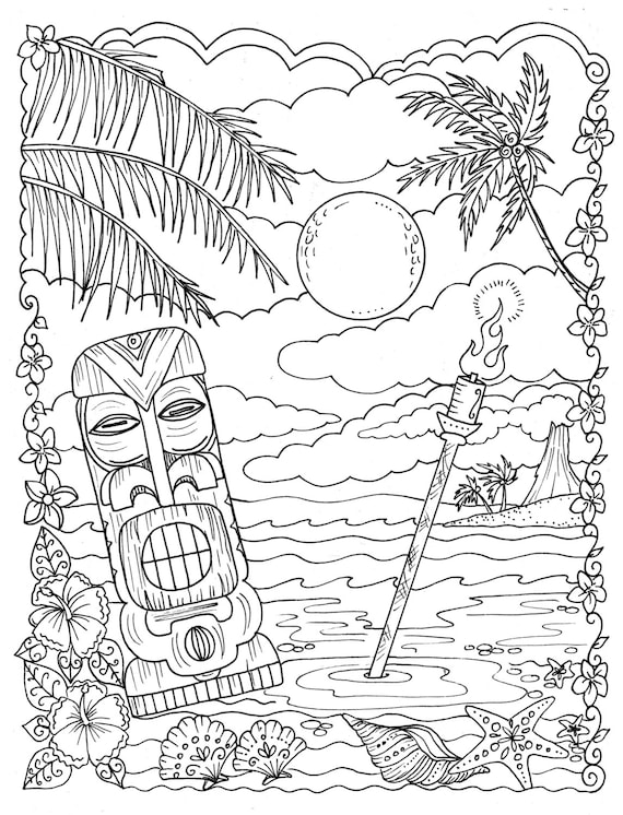 Pages beachy escape coloring digital color pages shells ocean surf tiki dolpjins palm trees instant downloads