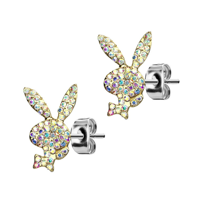 Playboy l g surgical steel gold with ab stone face bunny earring studs