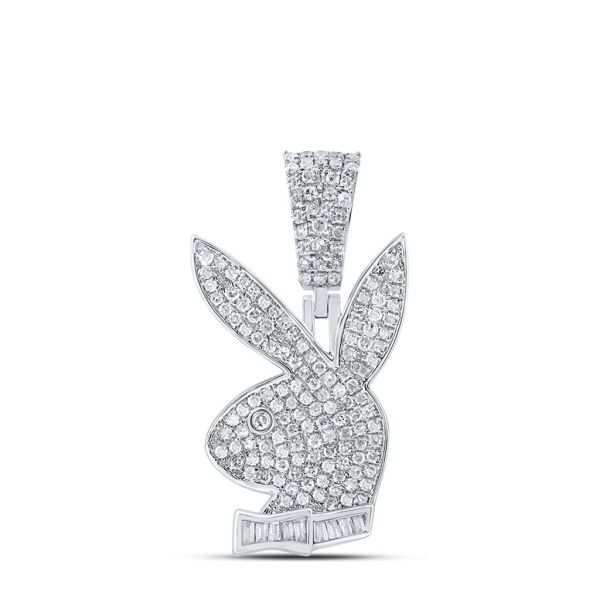 Mens baguette diamond bunny rabbit pendant sterling silver