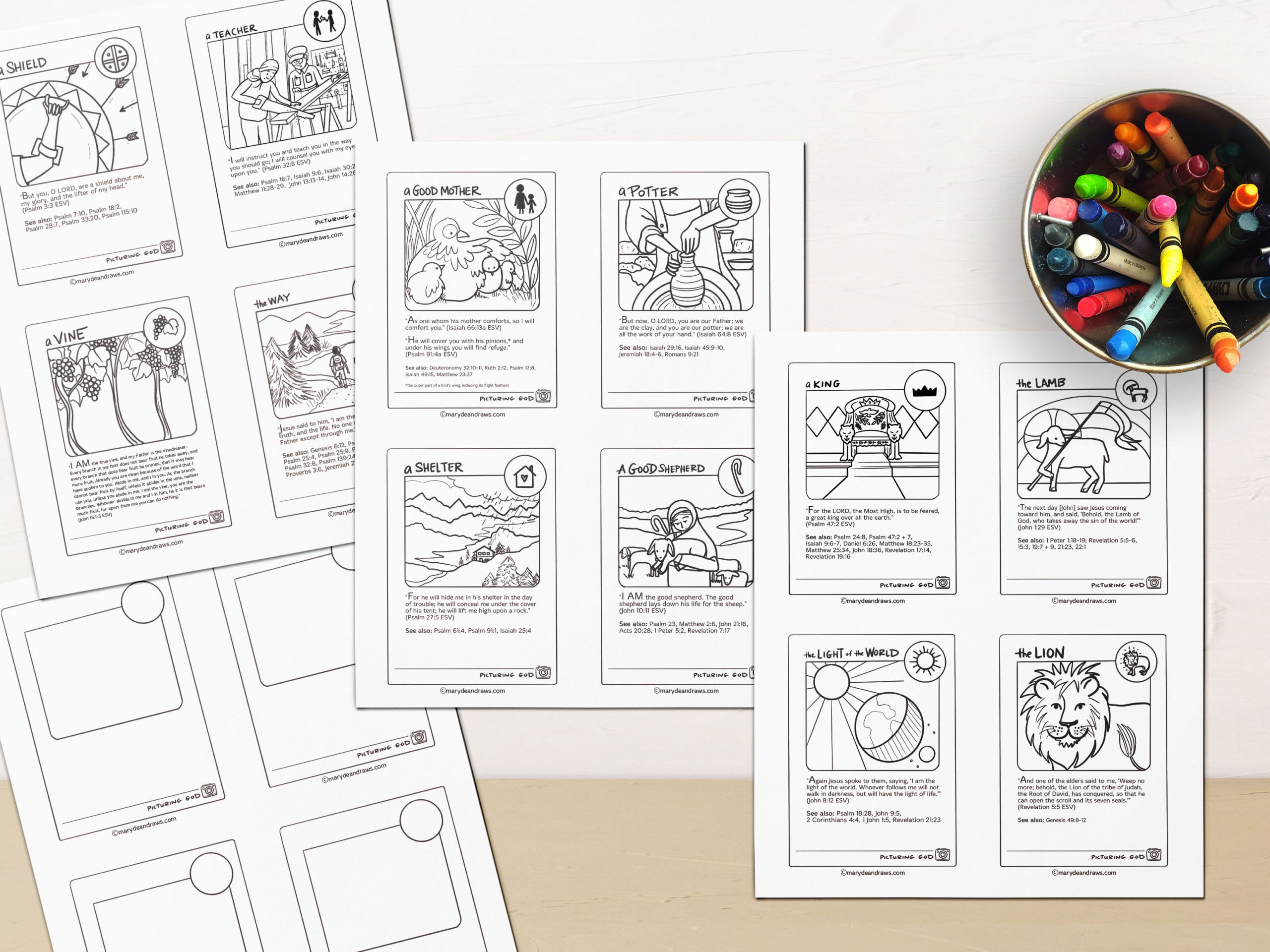 Full quarter page printable âplaying cardâ coloring set picturing god