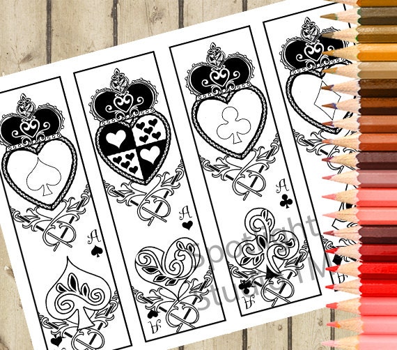 Playing card printable bookmarks printable adult coloring bookmarks color it alice bookmarks diy heart digital bookmarks download