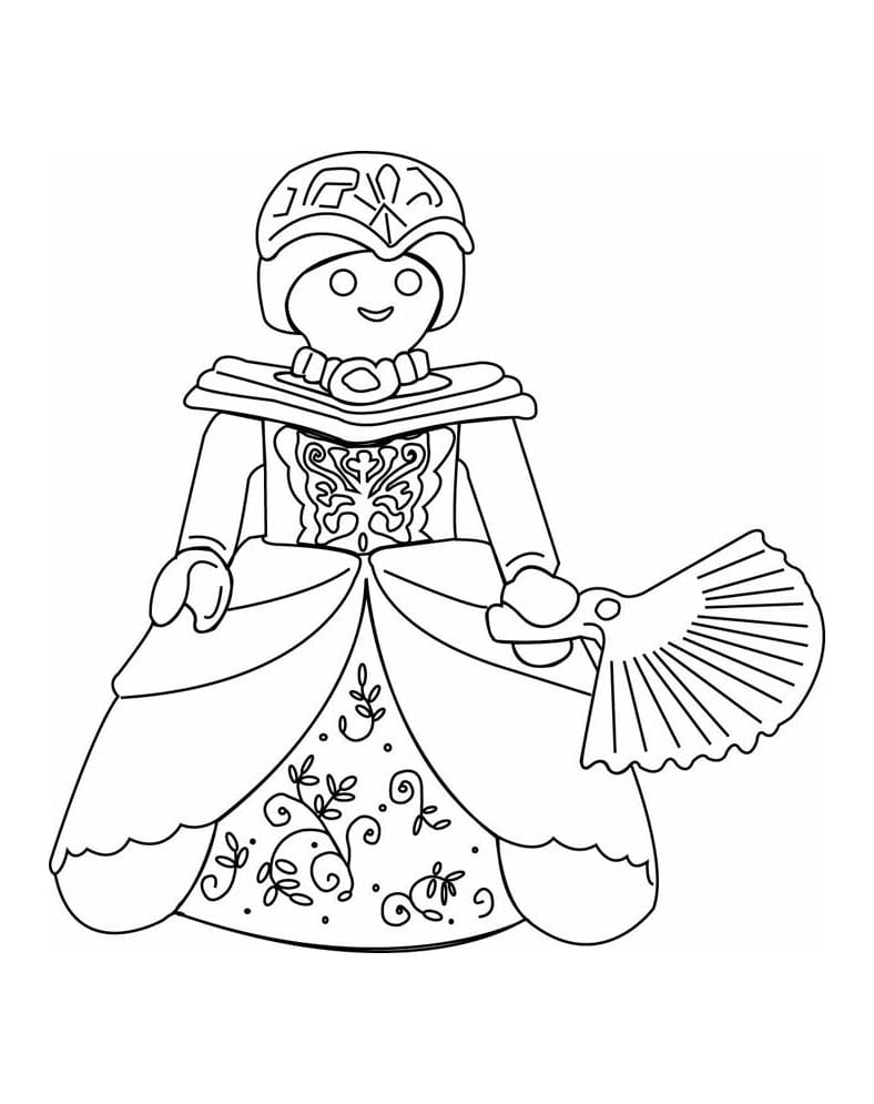 Painting of a playmobil princess with a fan coloring page