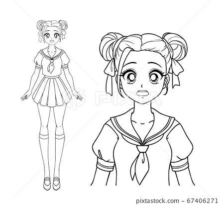 Scared manga girl with and two pigtails wearing