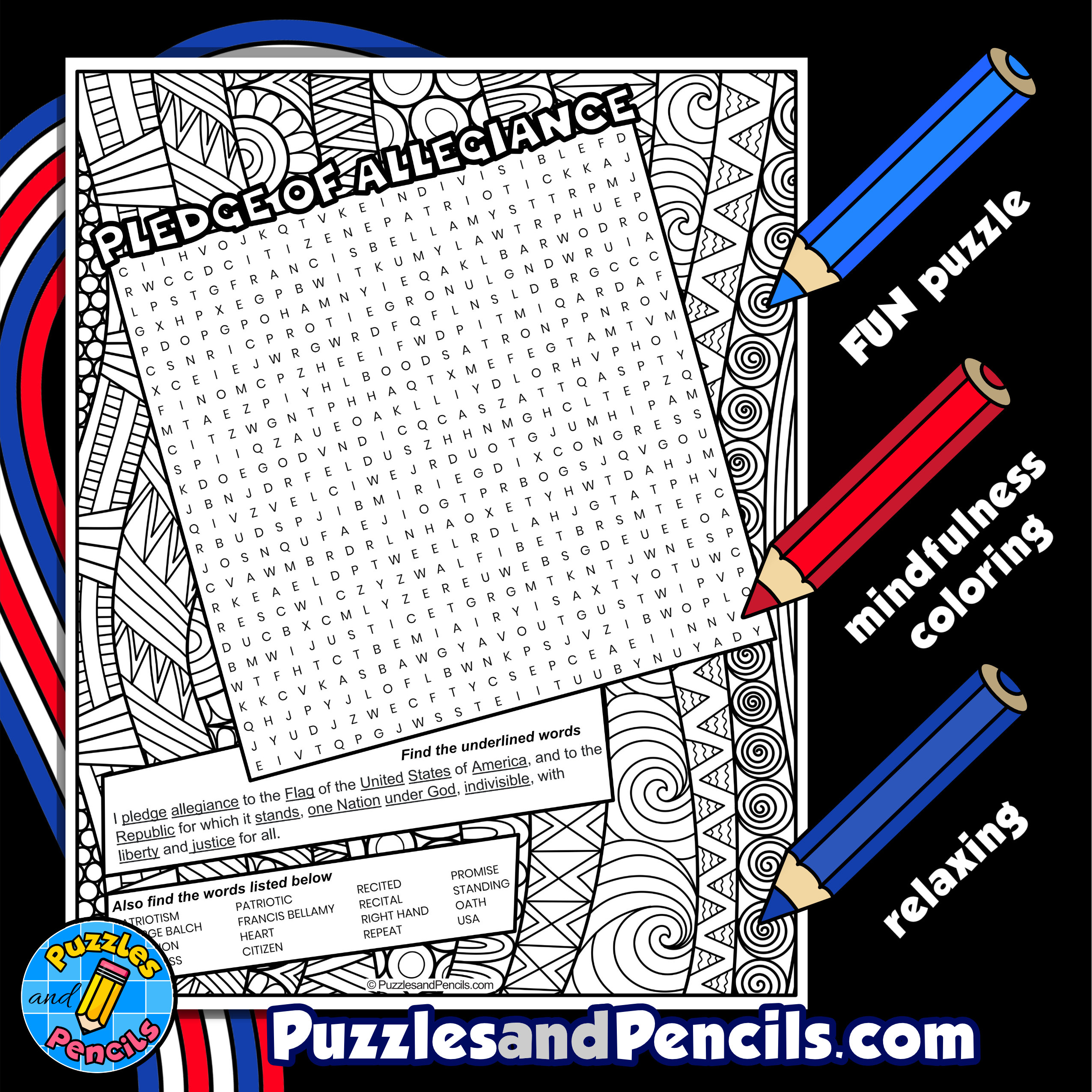 Pledge of allegiance word search puzzle activity page with coloring made by teachers