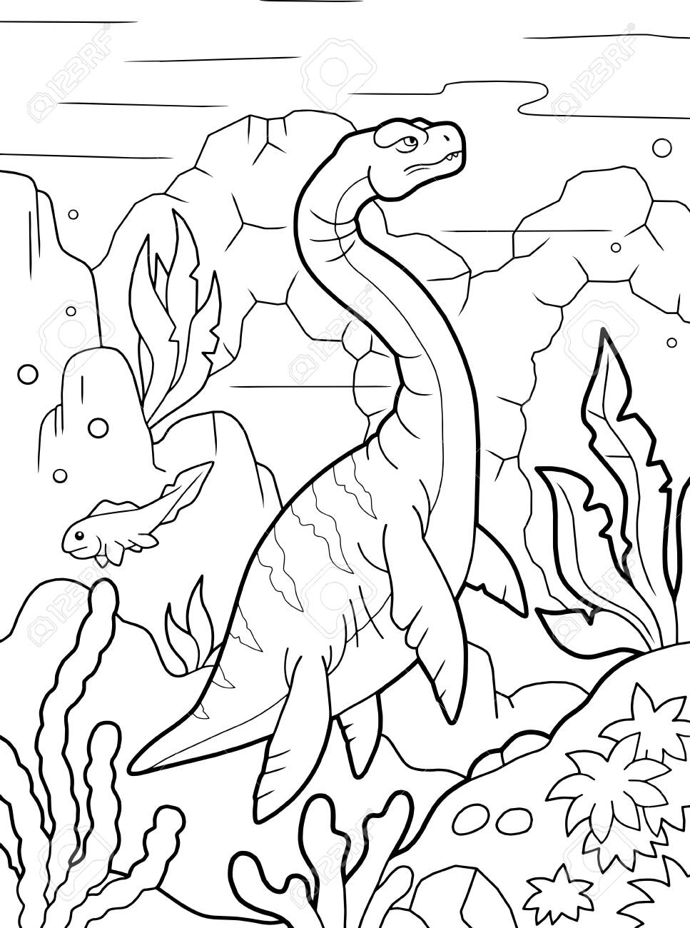 Cartoon prehistoric dinosaur plesiosaurus coloring book funny illustration royalty free svg cliparts vectors and stock illustration image