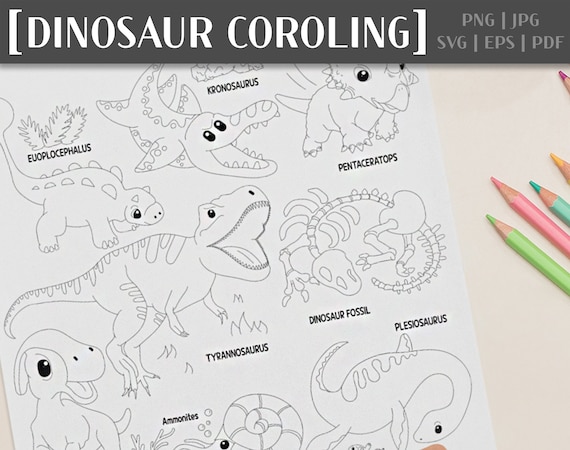 Dinosaur coloring page printable coloring book for kid tyrannosaurus rex fossil pentaceratops ammonites parasaurolophus plesiosaurus