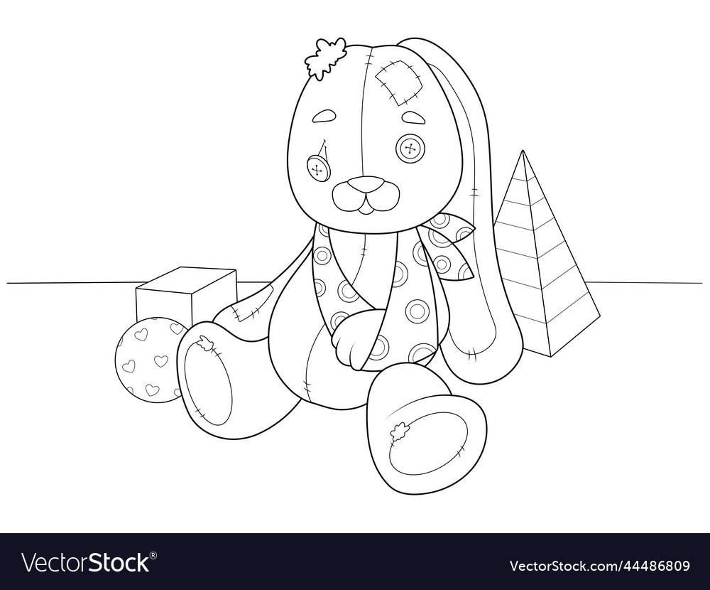 Broken old hare plush toy children coloring book vector image