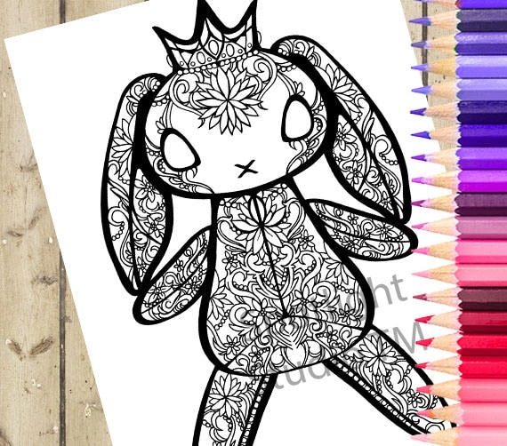 Bunny doll adult coloring page printable coloring page bunny animal plush adult coloring book page rabbit adult coloring page download