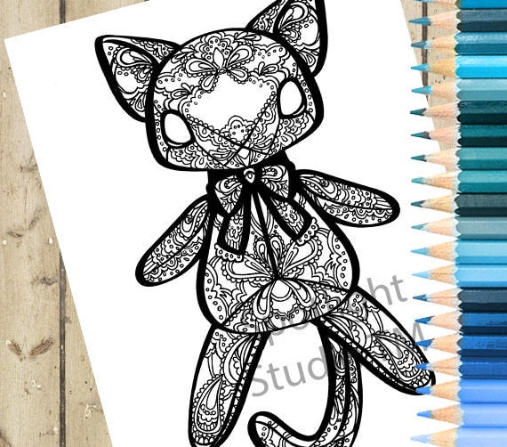 Cat adult coloring page printable cat coloring page cat plush cat doll adult coloring book page cat doll cat adult coloring page download