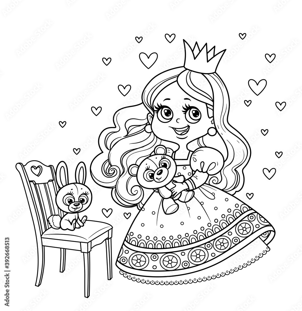 Cute princess in lush dress holding teddy bear and with plush bunny on a chair outlined for coloring book vector