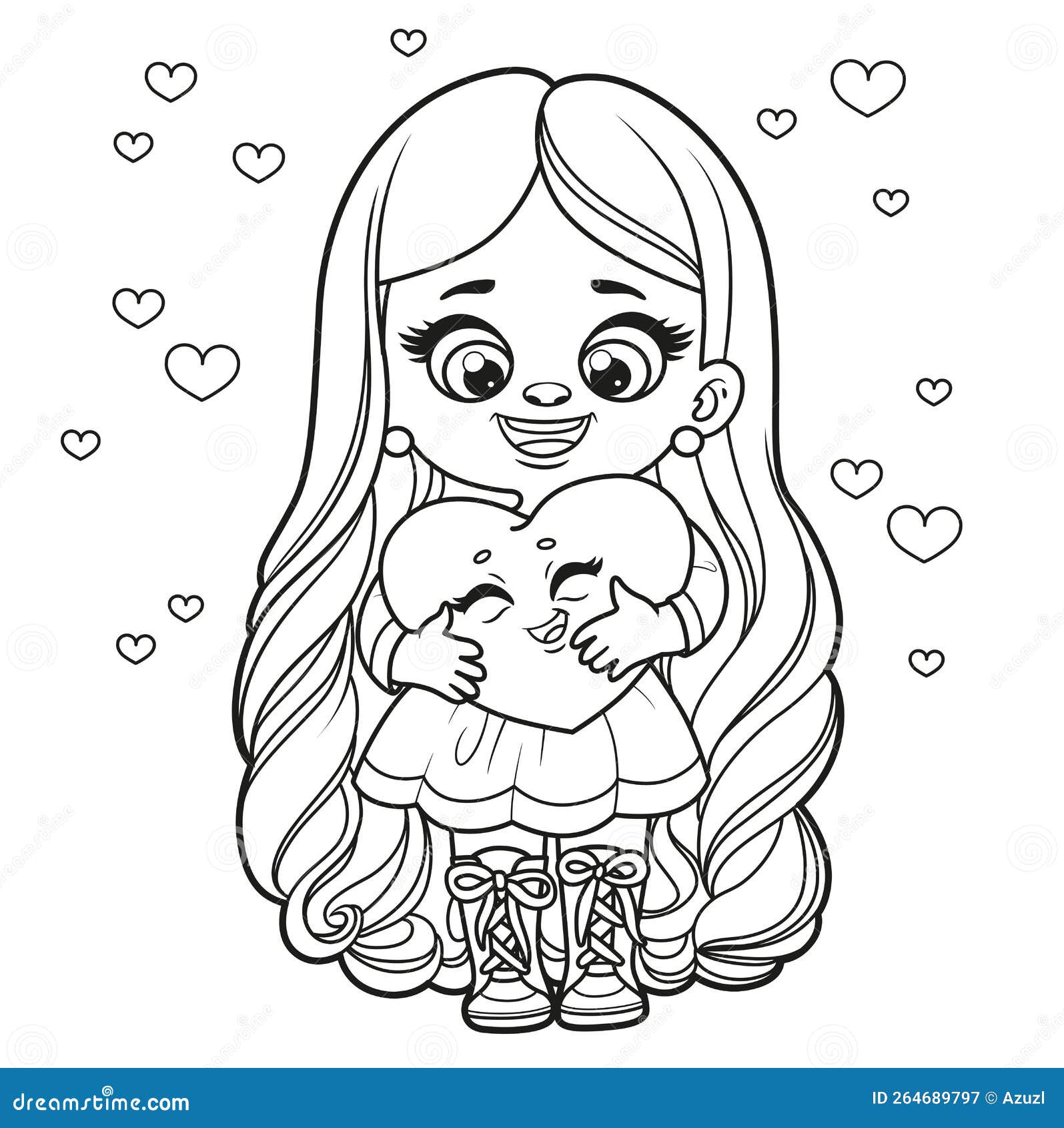 Cute cartoon longhaired girl with big soft plush valentine heart coloring page on a white stock illustration