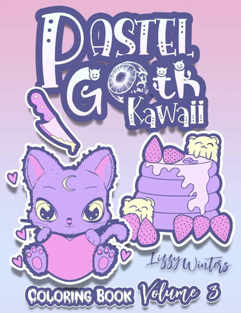 Pastel goth kawaii coloring book cute creepy scary satanic aesthetic drawings of spooky stuffed plush funny witchy adorable animals desserts humor stress anxiety relief relaxation winters lizzy