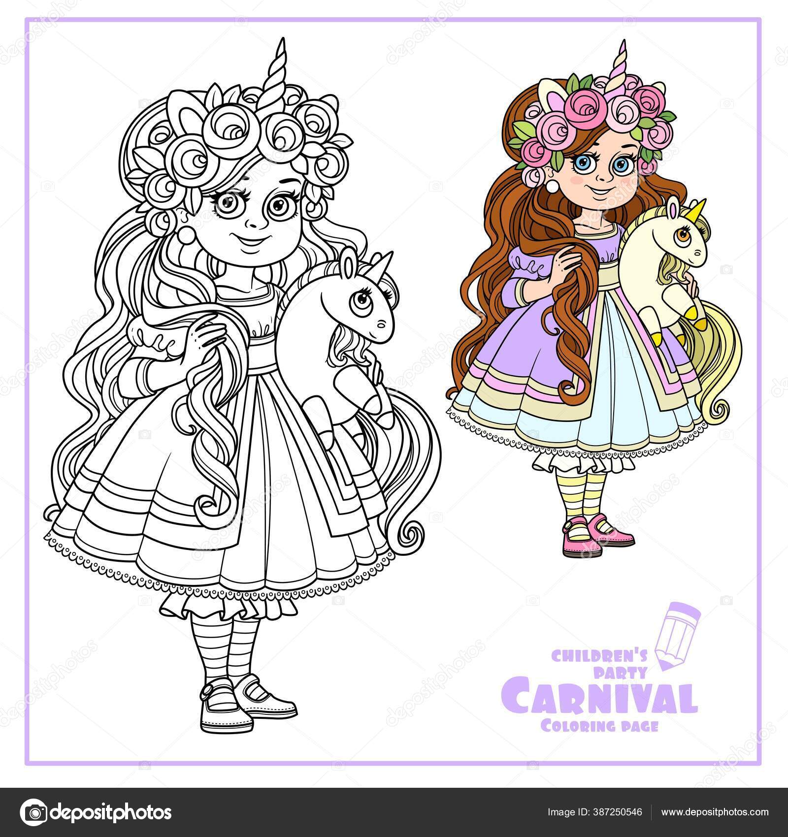 Cute girl dress tiara plush unicorn hands color outlined coloring stock vector by yadviga