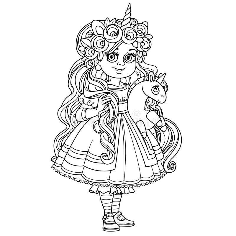 Cute girl in dress and tiara with a plush unicorn in hands outlined for coloring page stock vector