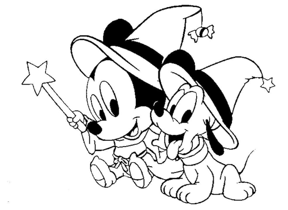 Baby mickey and pluto disney halloween coloring page