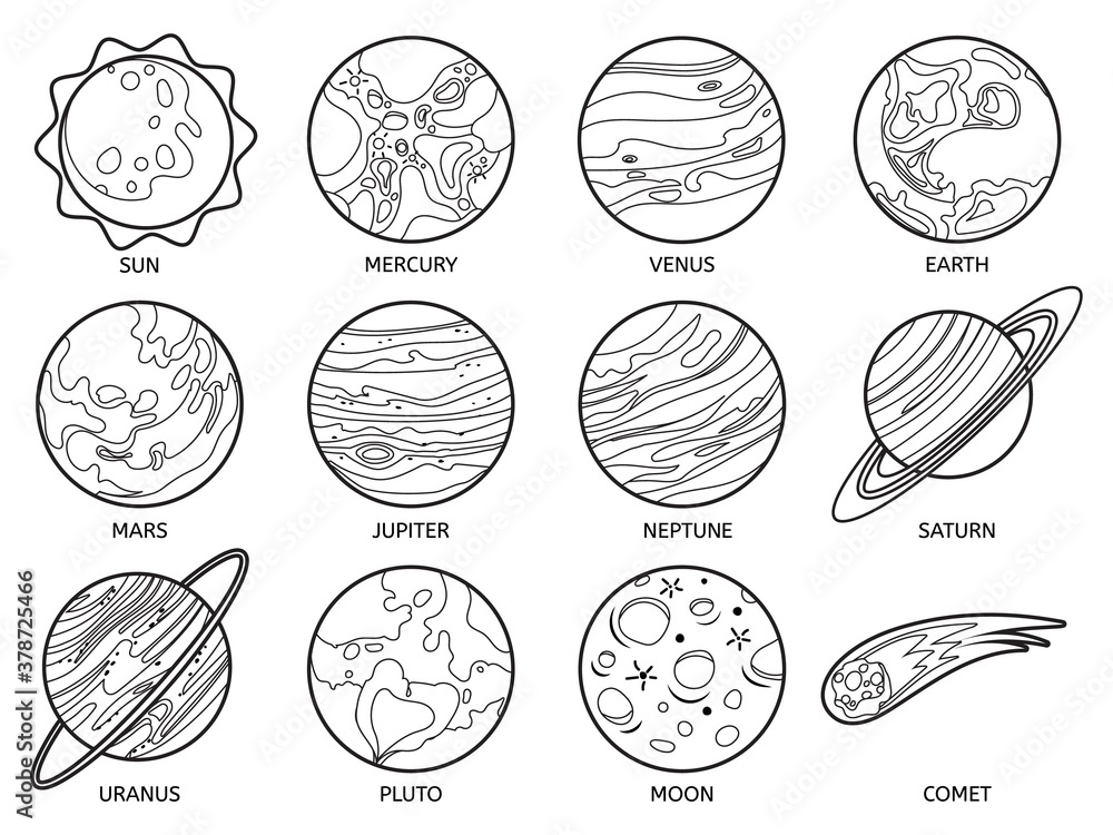 Planets for color book solar system earth sun and neptune jupiter and pluto venus and mars saturn and moon uranus and et vector set outer space outline for children games vector