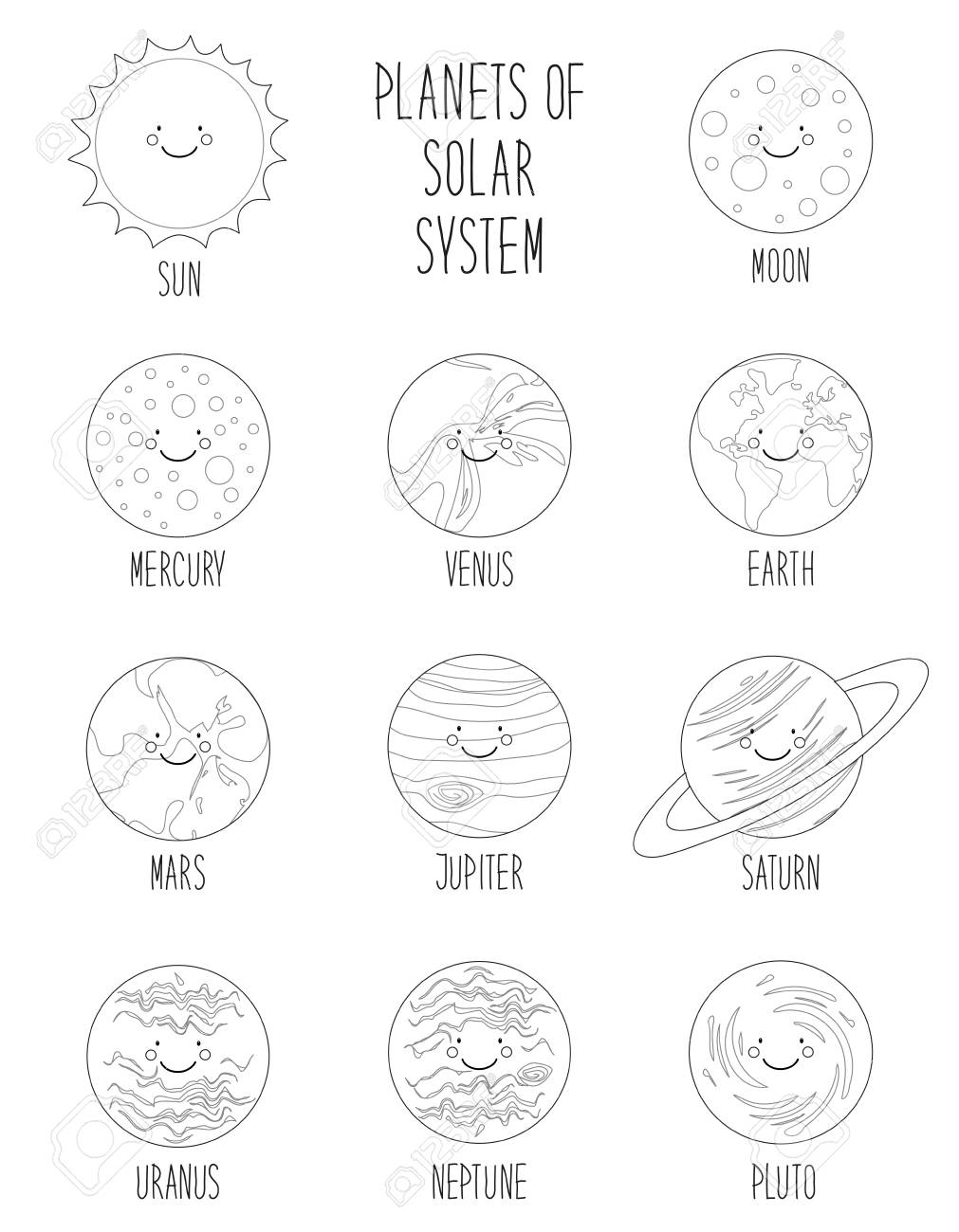 Cute coloring pages of smiling cartoon characters of planets of solar system royalty free svg cliparts vectors and stock illustration image