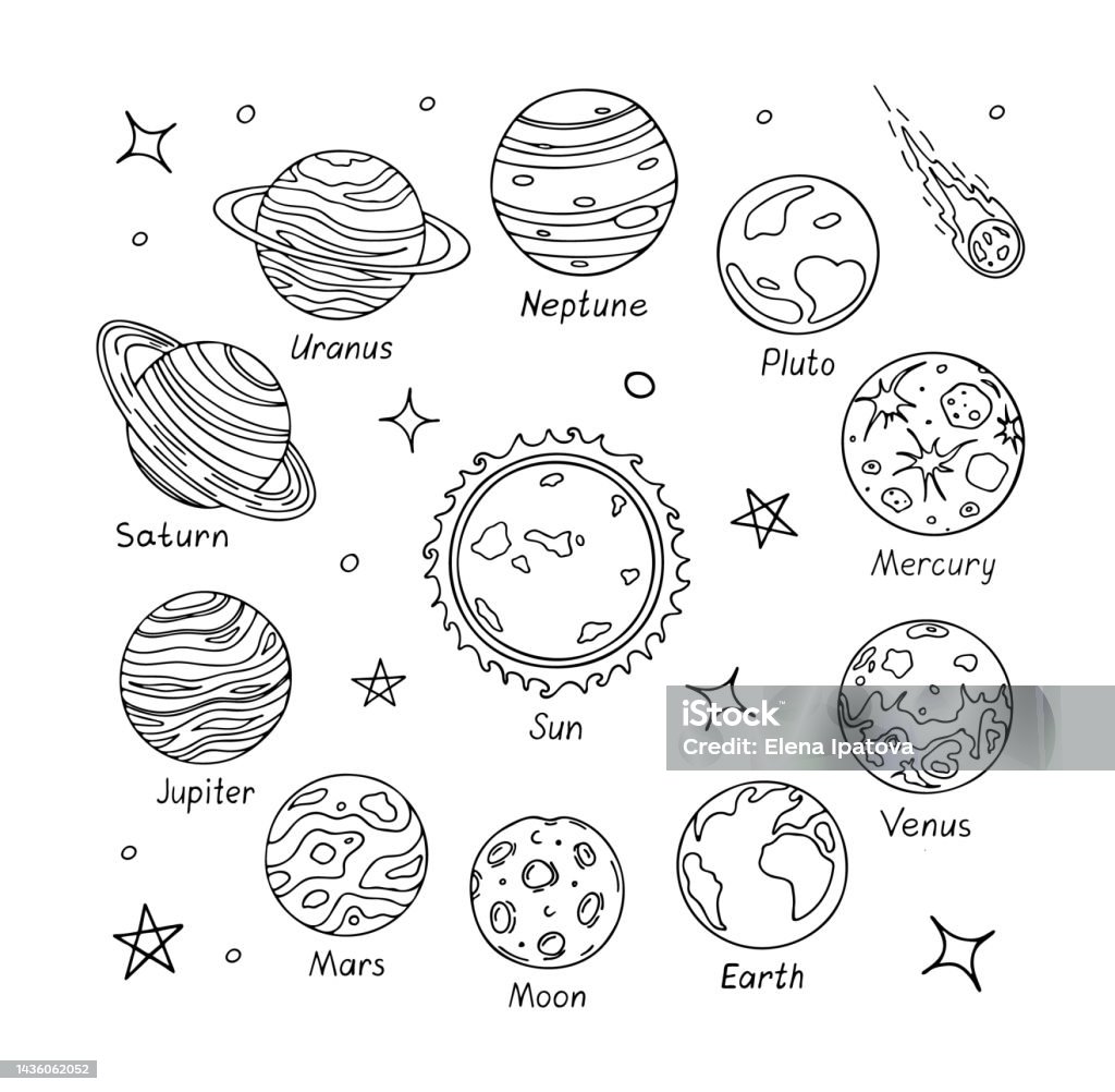 Set of doodle planets isolated on white background stock illustration