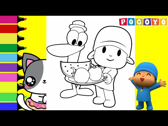 Coloring pocoyo and friends pato loula fruit plate fun coloring book page sprinkled donuts jr