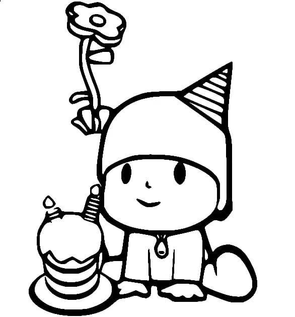Pocoyo and cute birthday cake coloring page