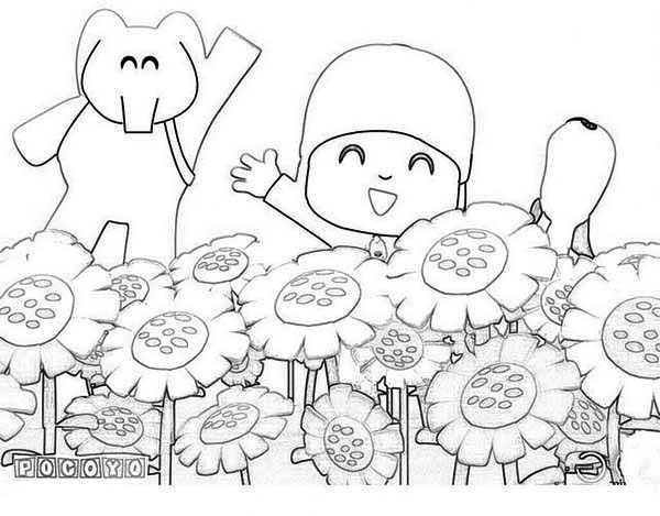 Pocoyo and friends at sunflower garden coloring page color luna
