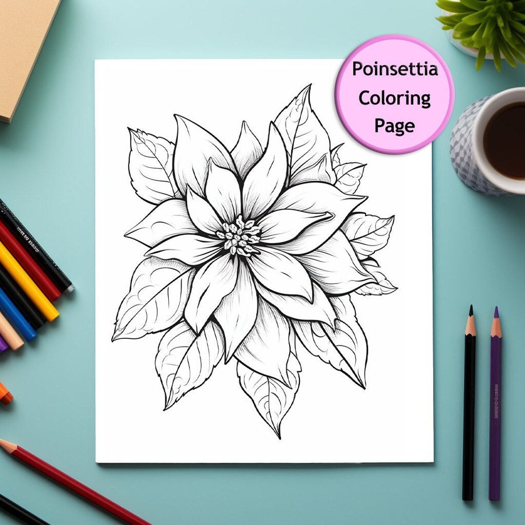 Poinsettia flower coloring page flower portrait printable coloring page journal coloring for adults instant download mercial use