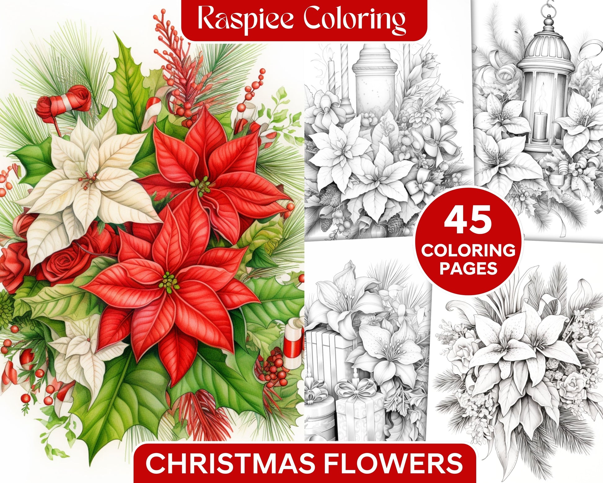 Christmas flowers grayscale coloring pages printable for adults pd â coloring