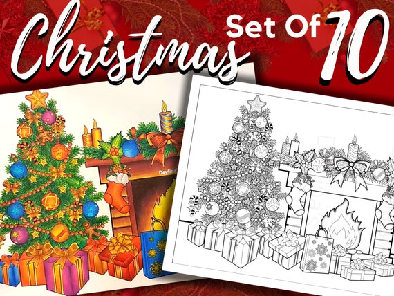 Set of christmas coloring pages for adults poinsettia wreaths cardinals christmas tree presents free pages included instant download