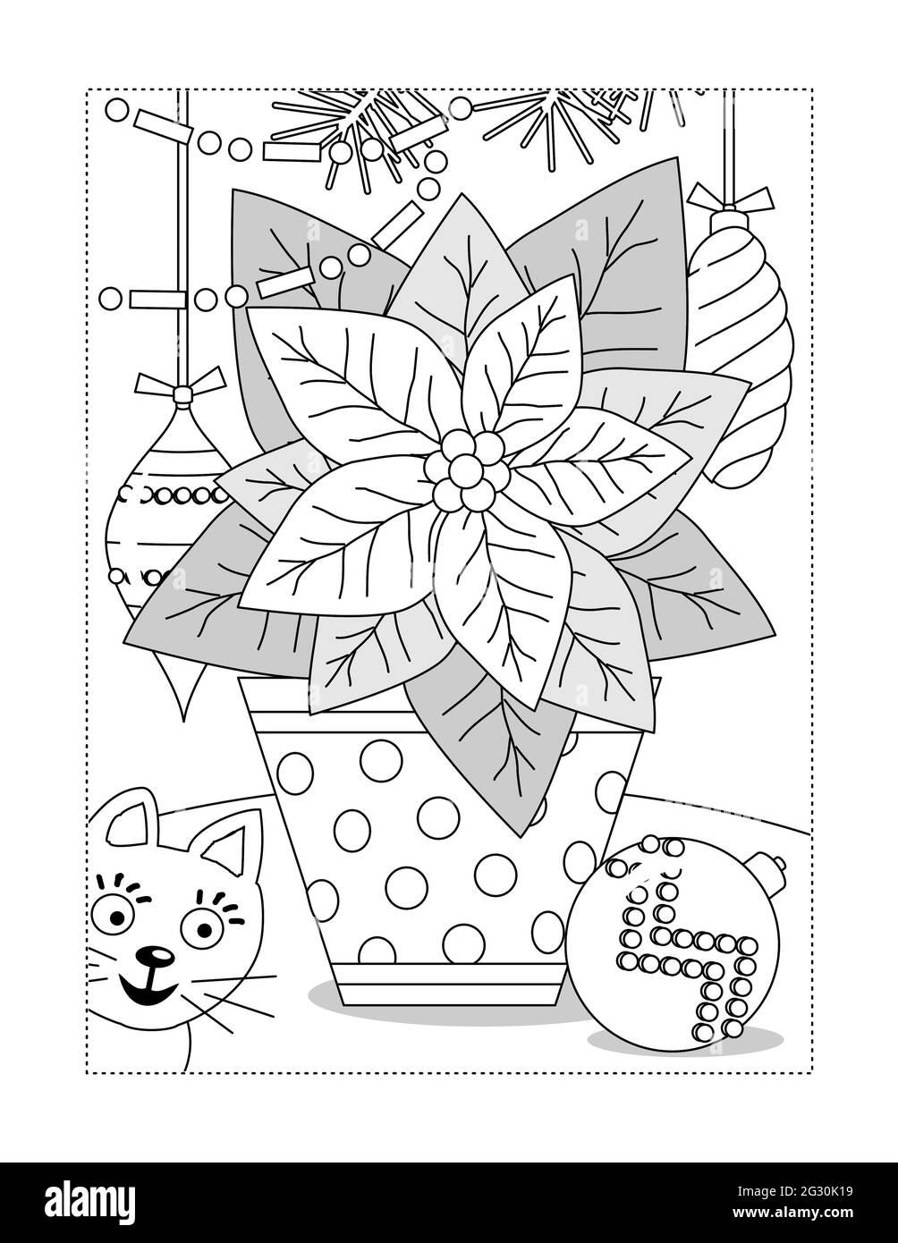 Poinsettia in a dotted pot coloring page or black and white illustration with cat and ornaments stock photo