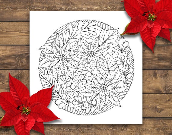 Christmas flowers adult coloring page christmas coloring page printable coloring page digital download