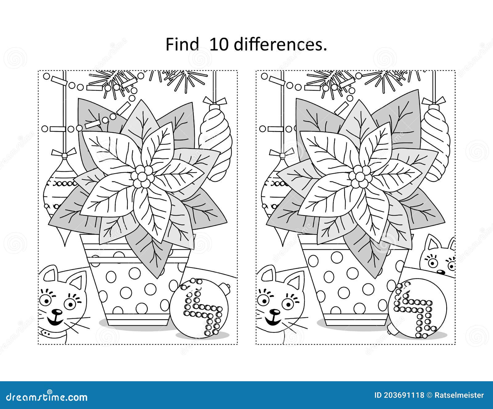 Poinsettia find the differences picture puzzle and coloring page stock vector