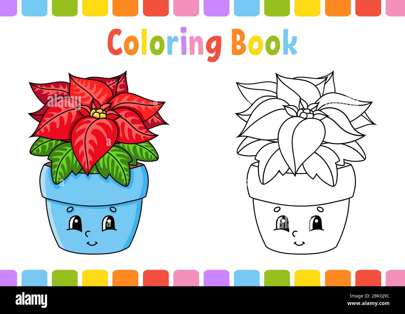 Coloring book for kids poinsettia flower cartoon character vector illustration fantasy page for children black contour silhouette isolated on wh stock vector image art