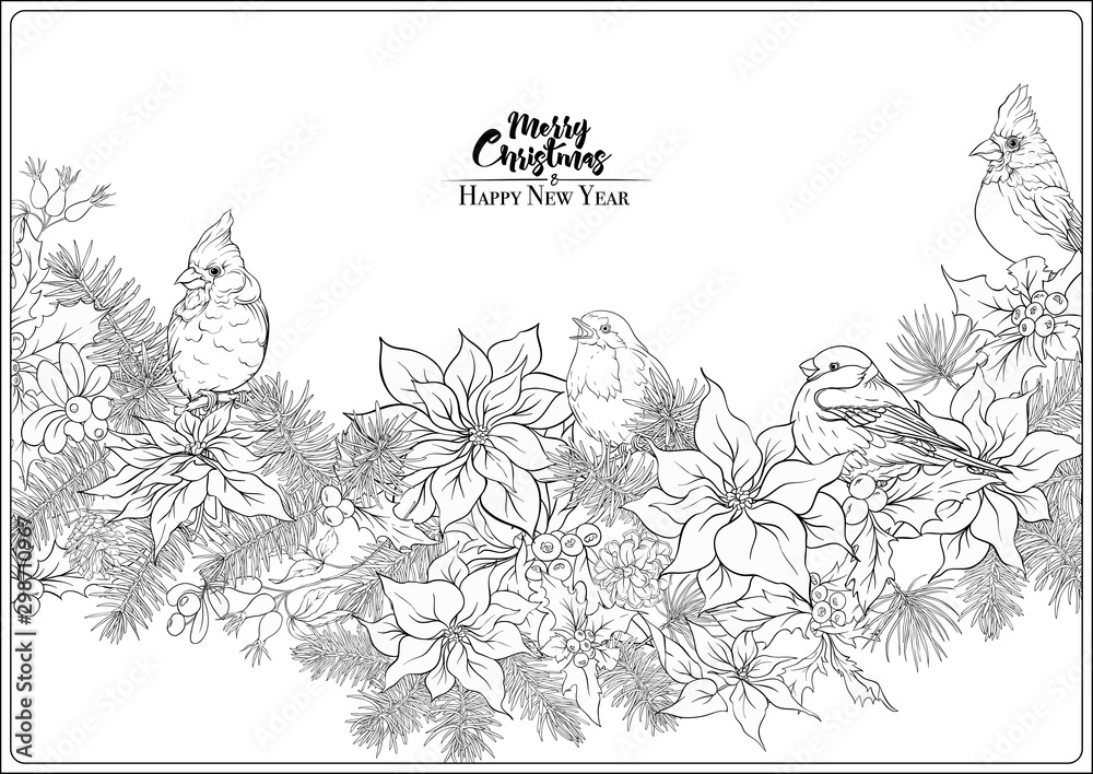 Christmas wreath of spruce pine poinsettia and winter birds coloring page for the adult coloring book outline hand drawing vector illustration vector