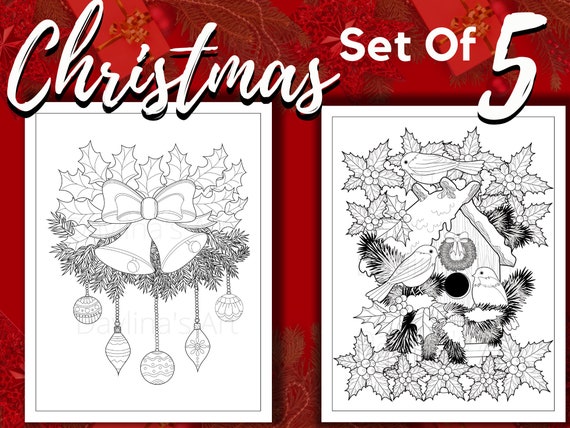 Set of christmas coloring pages for adults and teens poinsettia wreaths cardinals robins and christmas basket free pages included download now