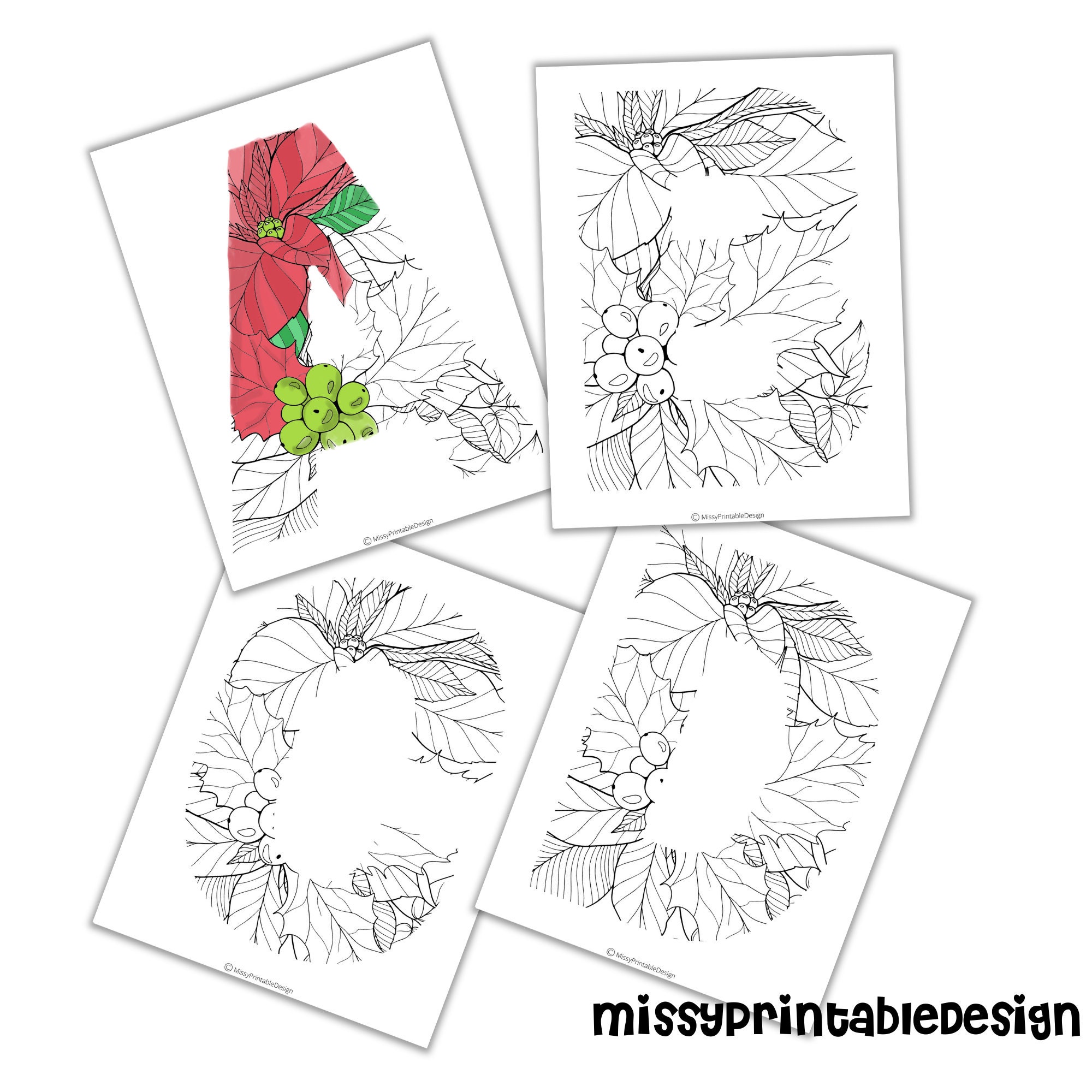 Christmas floral alphabet letters coloring pages poinsettia coloring pages printable adult coloring pages a