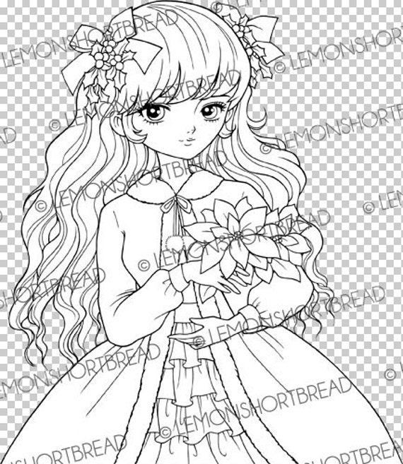 Digital stamp christmas poinsettia girl digi printable coloring page winter shoujo anime art download