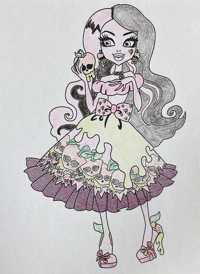 Draculaura coloring pages one a pink and green poison apple ð dress and one in a chocolate apple ð dress both with cents crayons and crayola crayons ð rcoloring