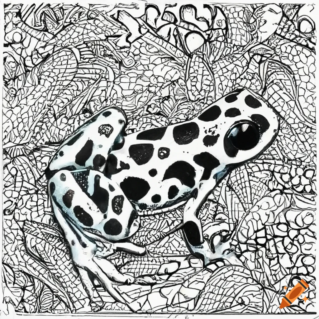 Poison dart frog in its habitat bw for a coloring book on