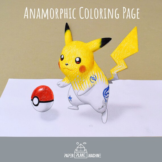 Optical illusion pikachu coloring page d art anamorphic art coloring pages for adults printable coloring pages kids instant download