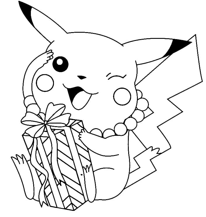 Pikachu with a present coloring page